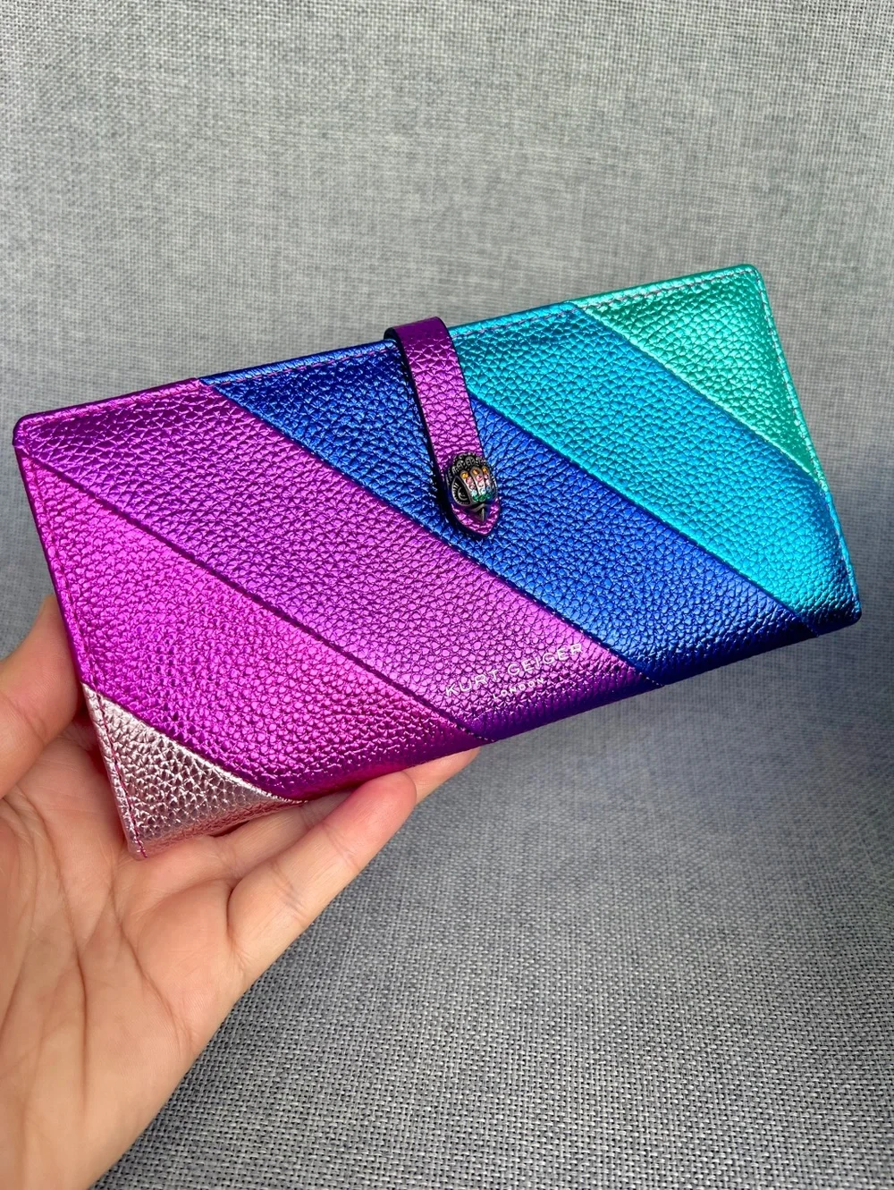 Kurt Geiger Rainbow stripe bifold wallet continental size metallic leather NWT